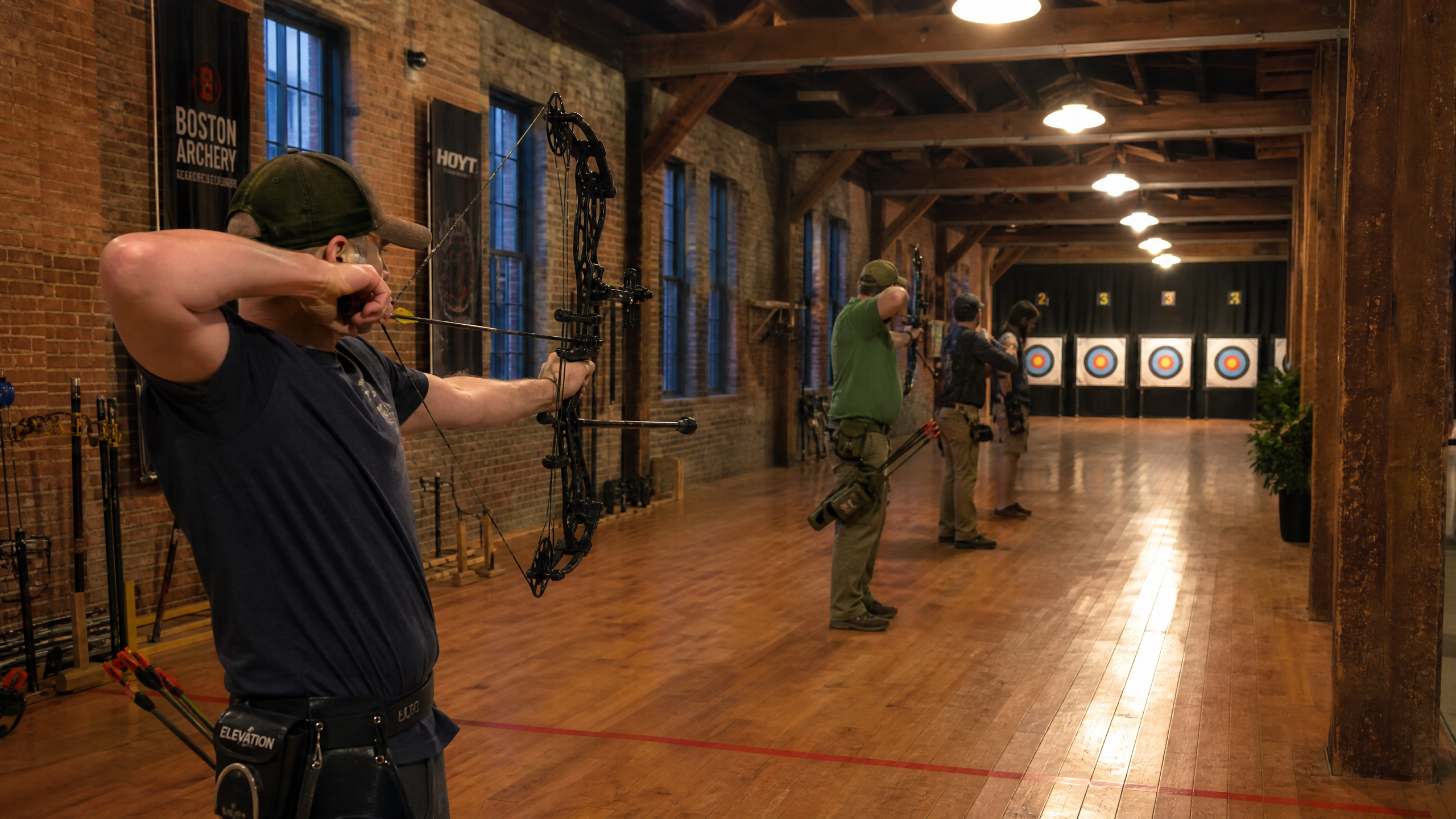 Illustration of an indoor archery lane inside a historic New England brick building