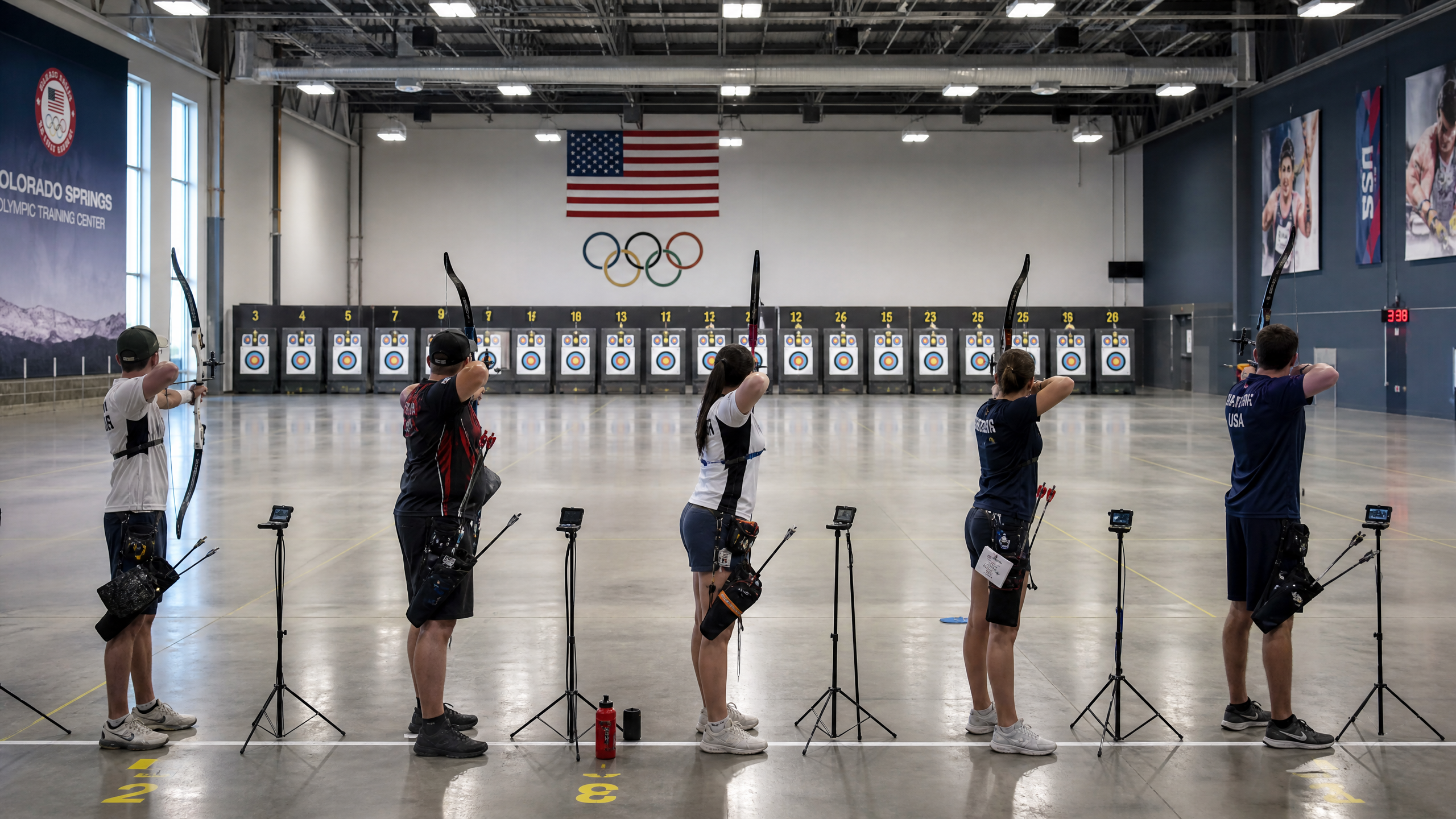 Illustration of an indoor Olympic-style recurve archery range with a row of shooting lanes