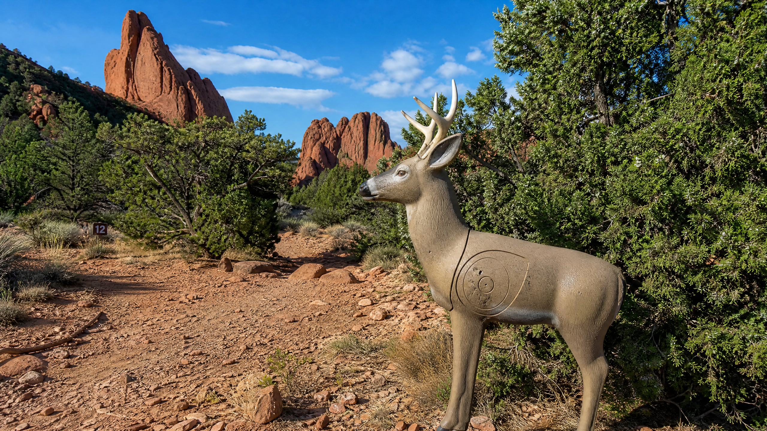 Illustration of a 3D archery course with foam animal targets set among red rock formations similar to Garden of the Gods