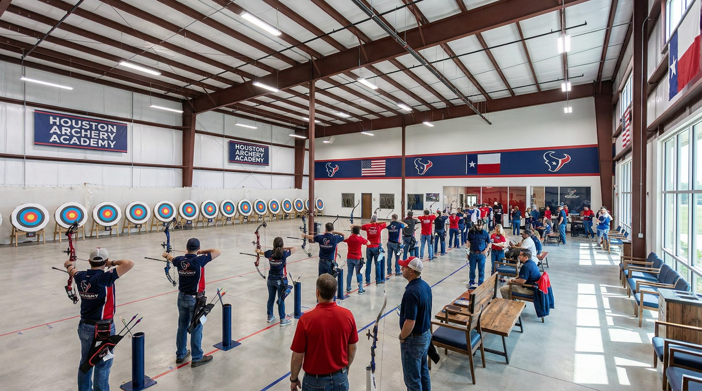 Illustration of a modern indoor archery range with a row of shooting lanes and target backstops