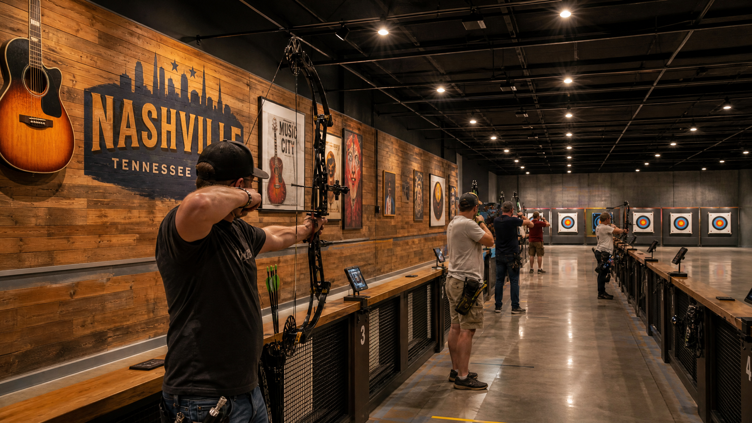Illustration of an indoor archery range inside a rustic country-style building