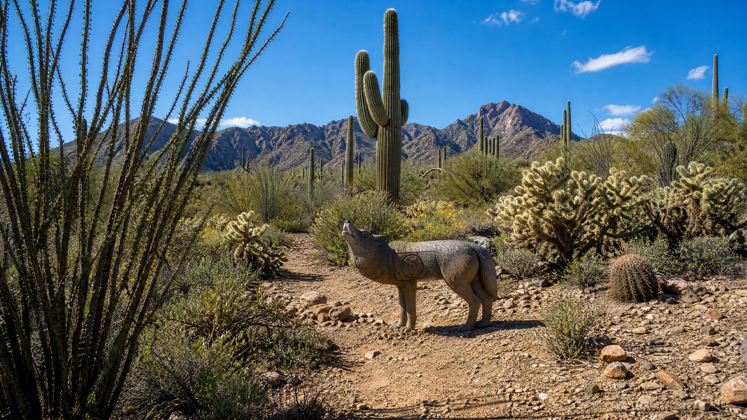 3D foam coyote target on a saguaro cactus desert trail